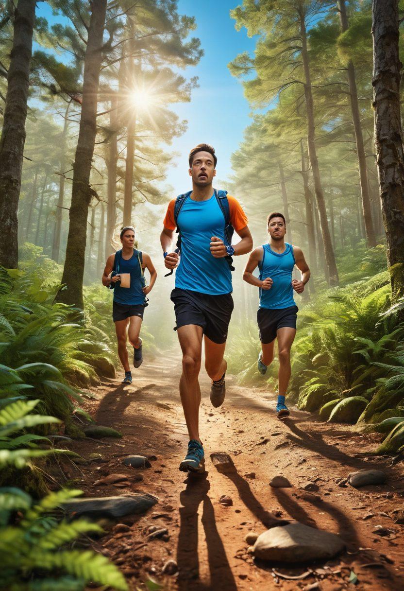A dynamic scene showcasing a diverse group of runners and outdoor enthusiasts in action, equipped with essential gear like high-tech running shoes, backpacks, and hydration packs. The background features a lush forest trail and open landscapes to emphasize adventure and community spirit. Bright colors to capture energy and motivation, with a clear blue sky overhead. super-realistic. vibrant colors. outdoor theme.
