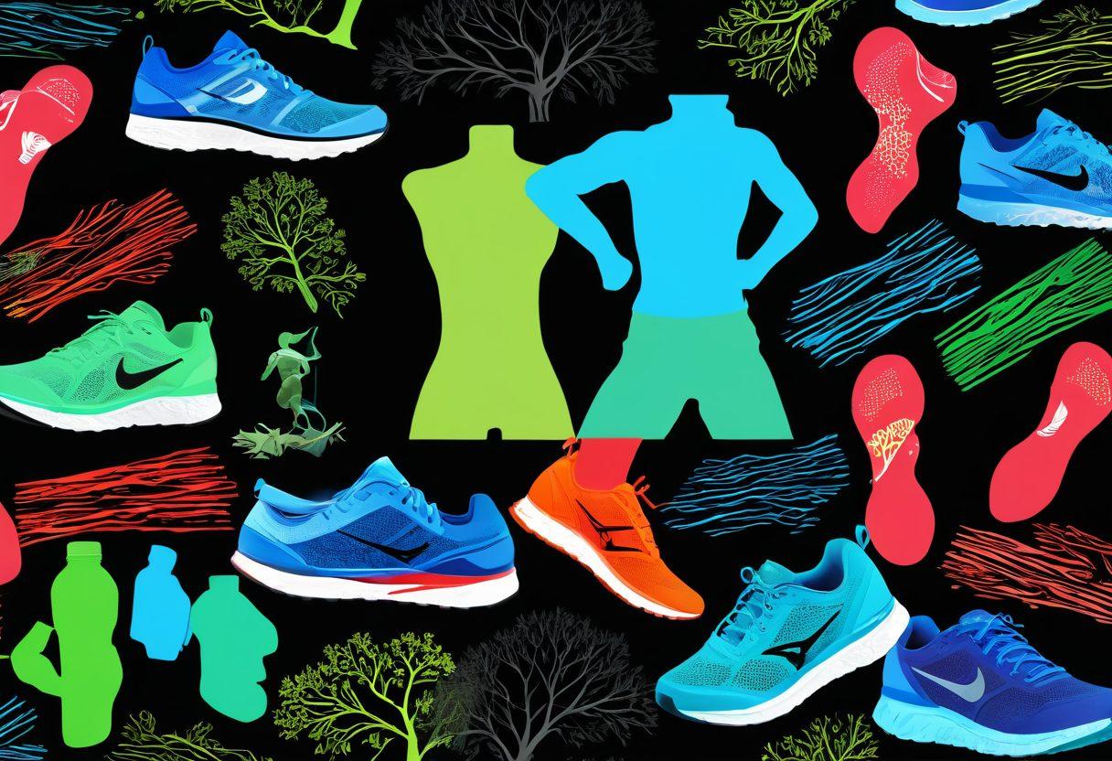 A dynamic collage featuring various types of running shoes, fitness gear like heart rate monitors and water bottles, and a silhouette of a runner in motion. The background should depict a scenic running trail with trees and mountains, illustrating the concept of fitness and exploration. Use vibrant colors to evoke energy and motivation. super-realistic. vibrant colors. outdoor scene.